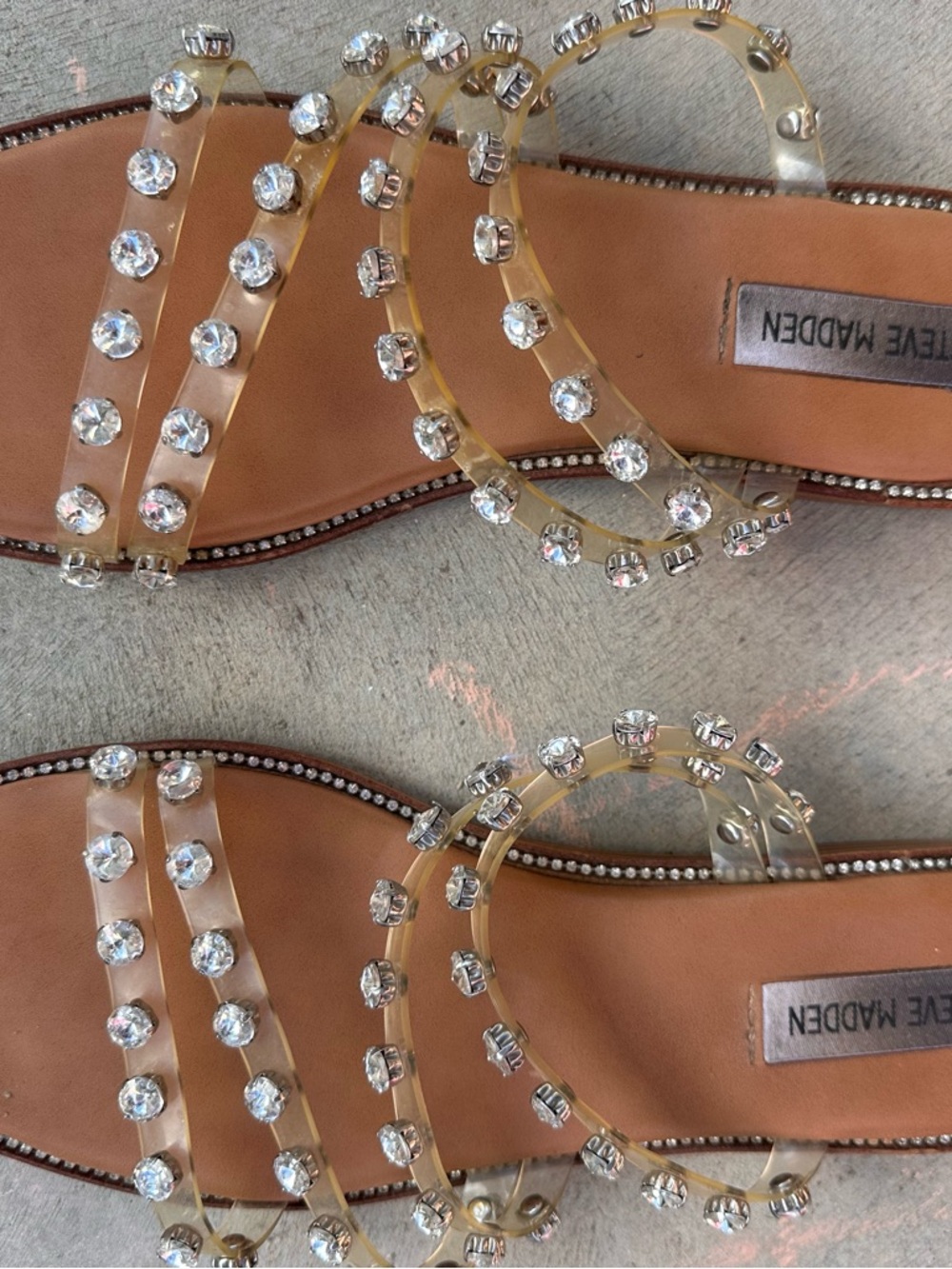 Steve Madden Clear Jeweled Slide Sandals with Tan Footbed